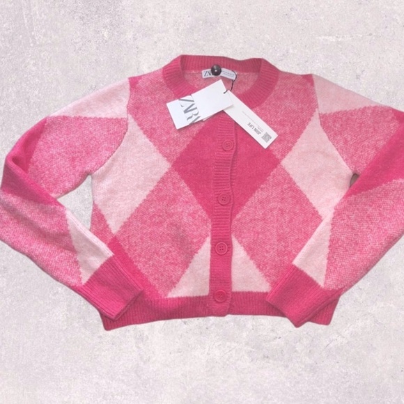 NWT Zara Argyle Crop Cardigan, Pink Jacquard Knit | Sz M - Picture 4 of 6